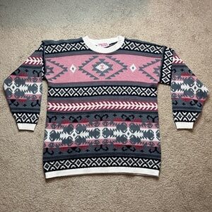 Vintage Clifton Place Acrylic Knit Sweater Southwest Aztec Red White Blue Pink